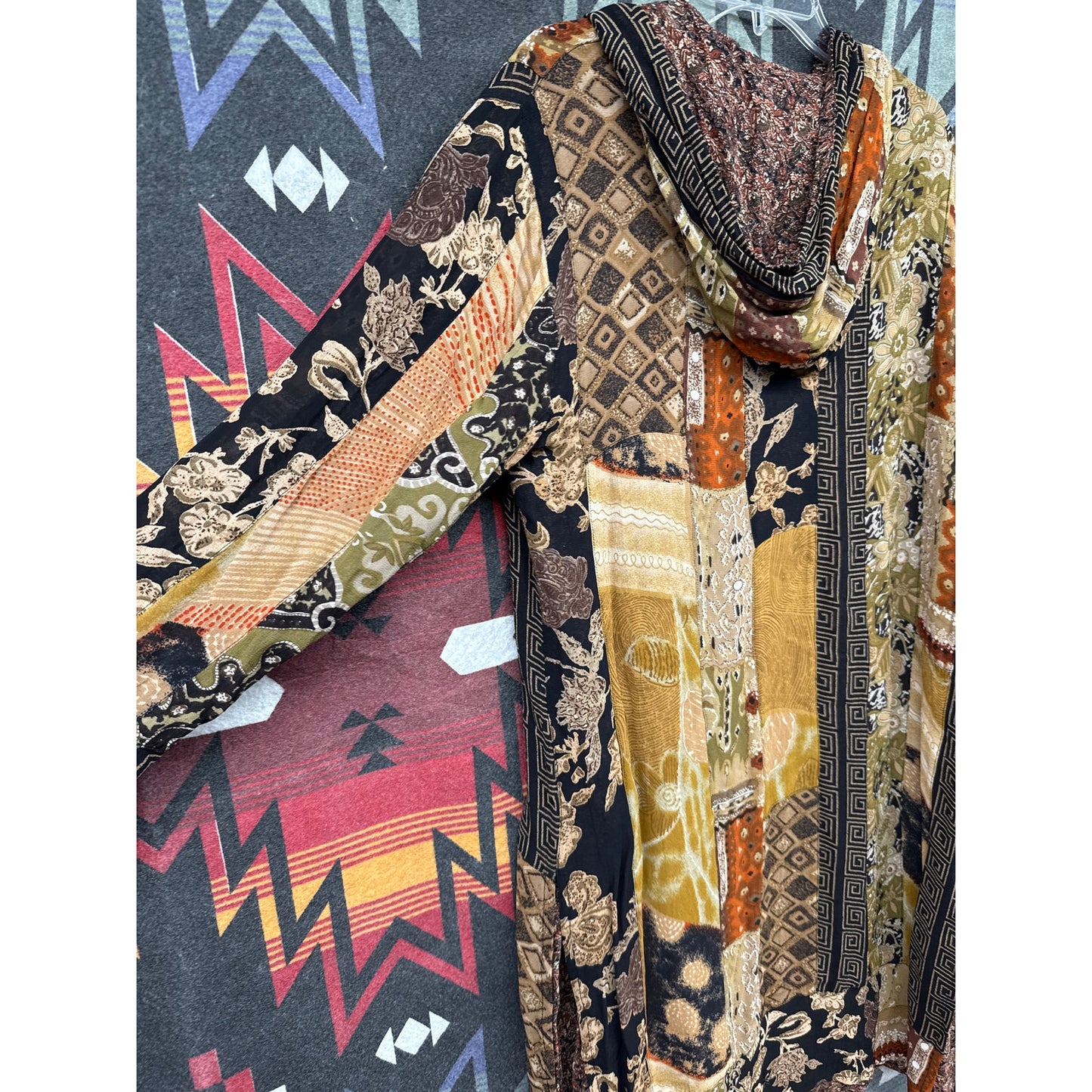 Chico's 2 Cardigan Patchwork Boho Knee Length Duster Hooded Tribal Indian