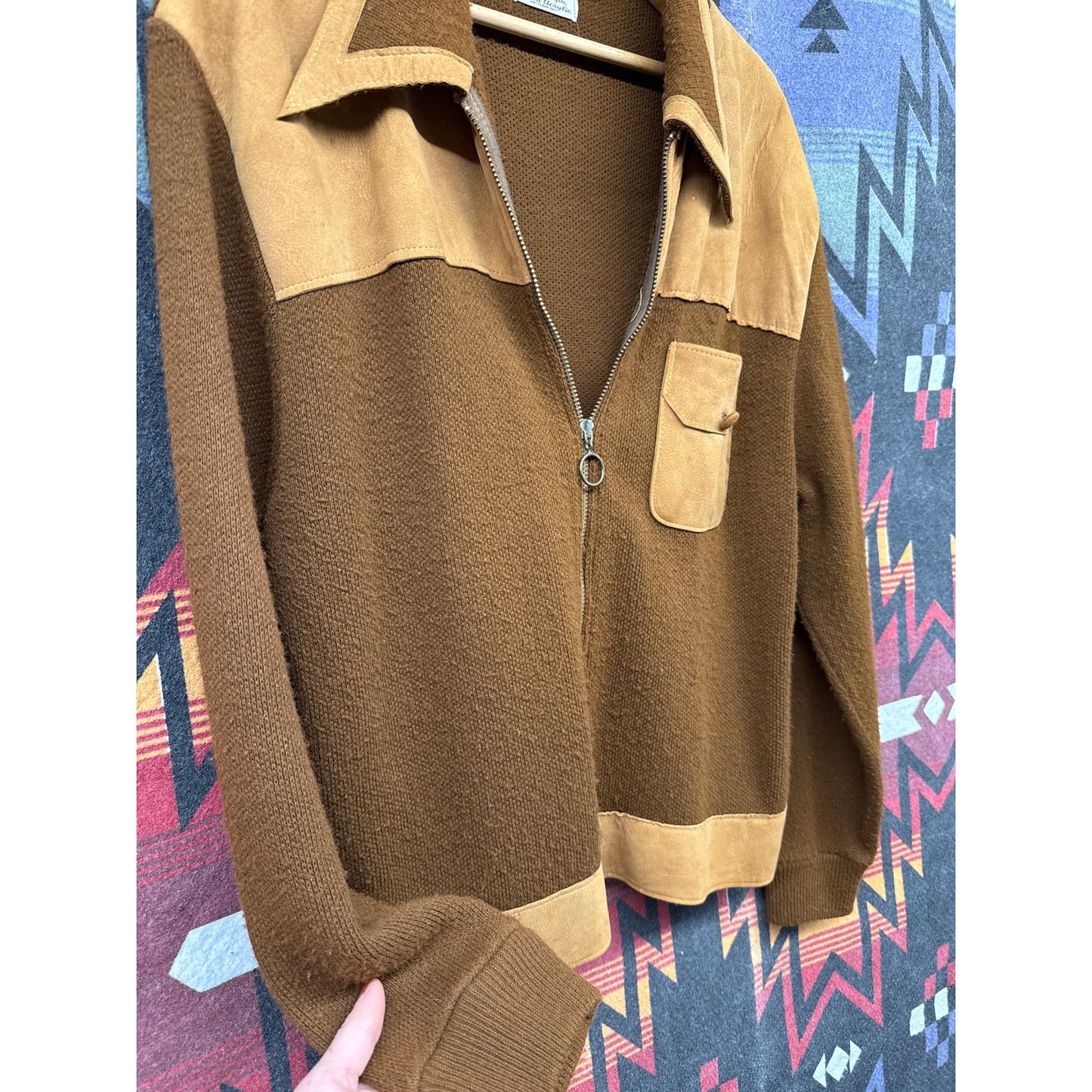 Sportswear Vintage 1970s Men's Zip Up Knit Jacket Breast Pocket XL Brown Retro