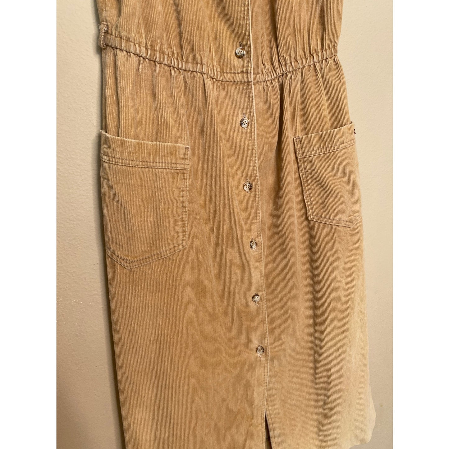 70s Sassoon Paris Small Dress Midi Corduroy Beige Button Front Boho
