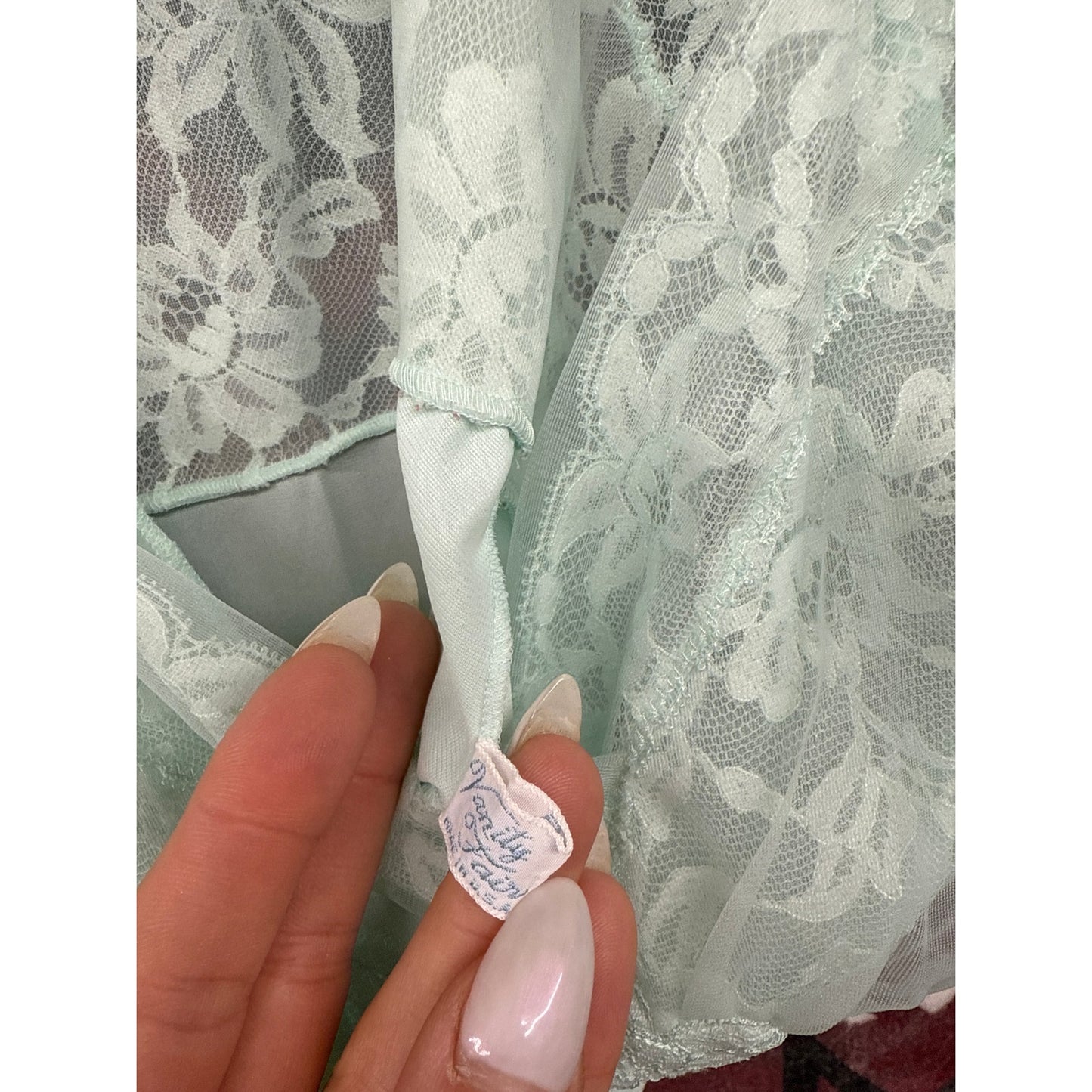Vintage 90s Women Sheer Mint Nylon Lingerie Nightie Sexy Classy Floral
