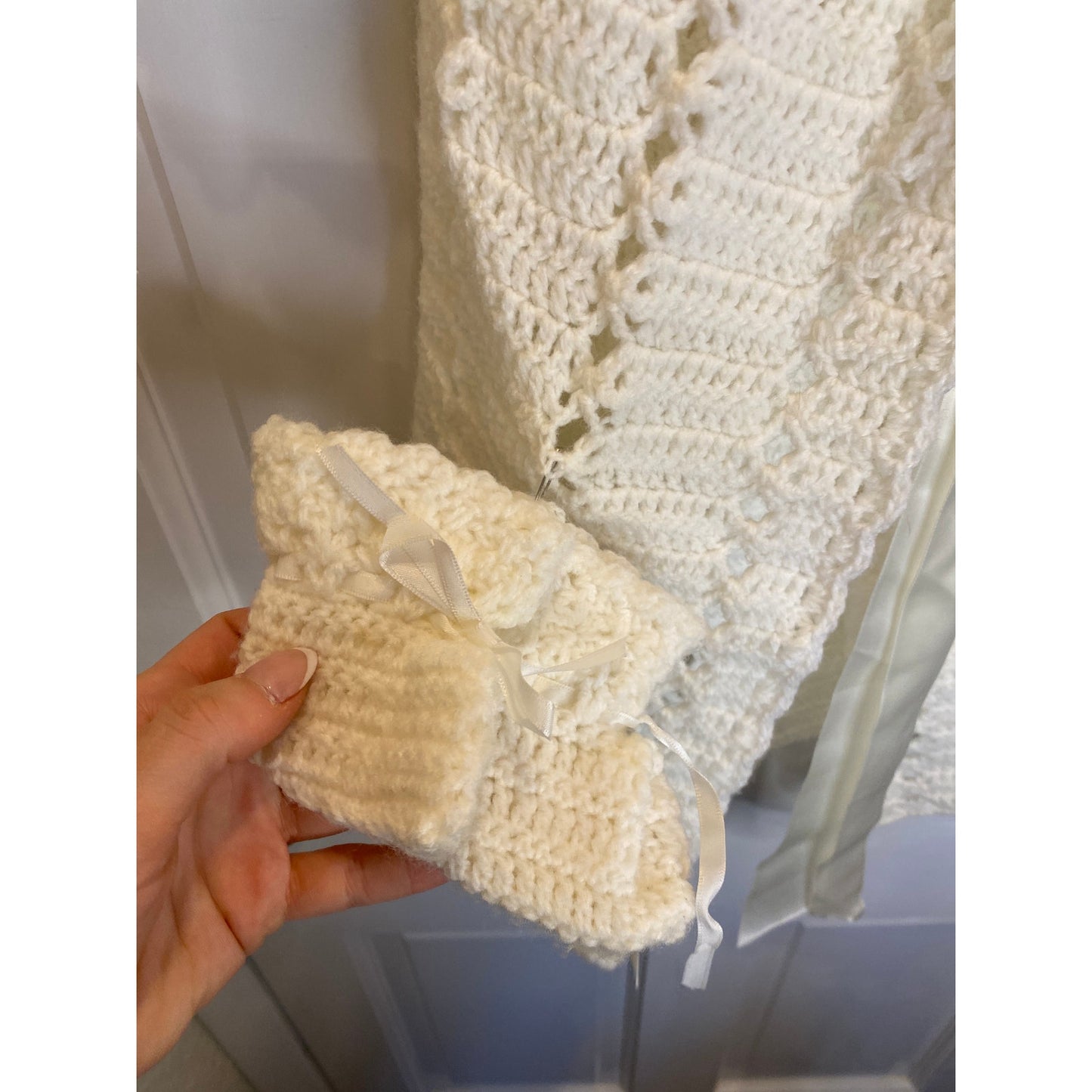 Homemade Vintage White Knit Crotchet Communion Dress Bow Booties