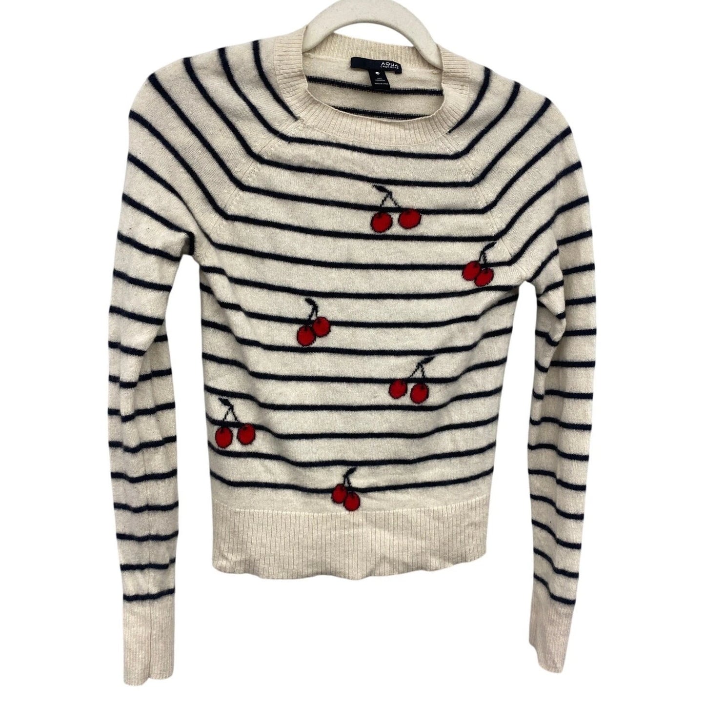 Aqua Cashmere Women's Cherry Black White Stripe Sweater XS Novelty Print