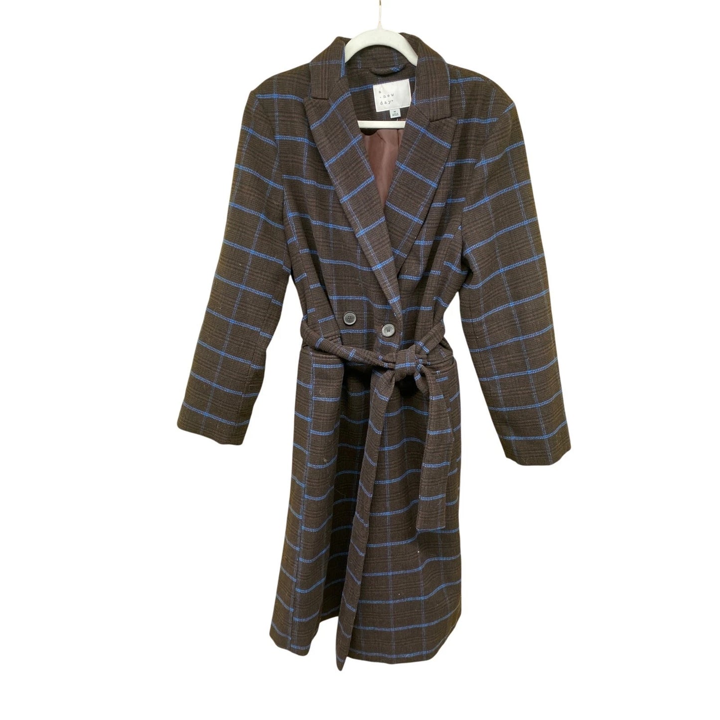 A New Day Women Wool Long Belted Plaid Academic Brown Blue Duster Coat Medium