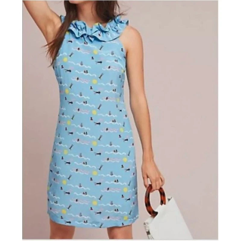 Anthropologie Larke Harper Women Ruffled Dress Blue Swimmers Resort Beach XSP