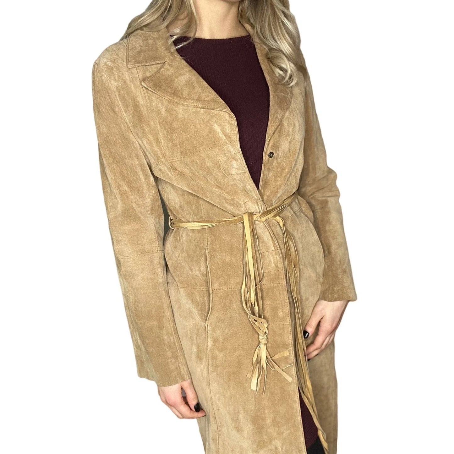 Arden B Women's Tan Leather Buckskin Western Maxi Coat Large Western Rodeo