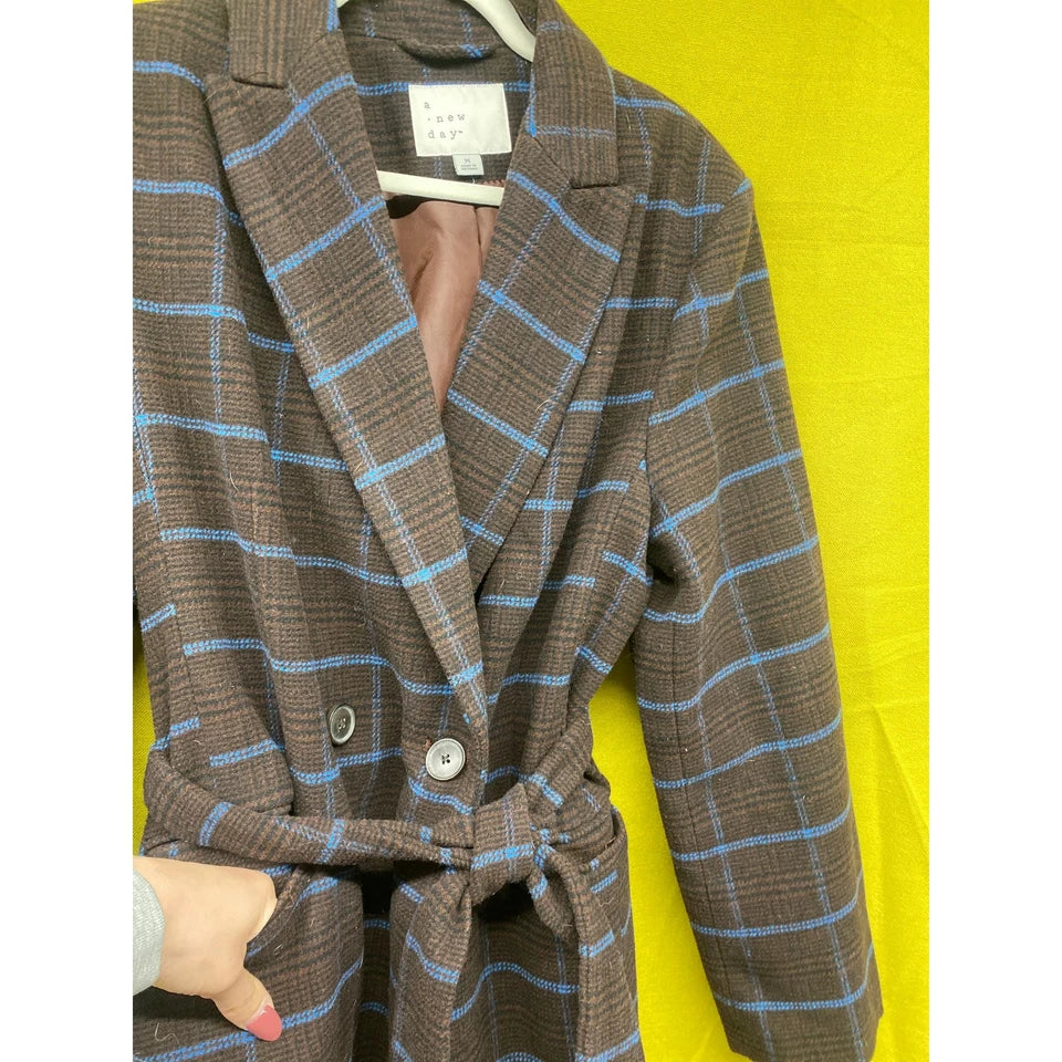 A New Day Women Wool Long Belted Plaid Academic Brown Blue Duster Coat Medium