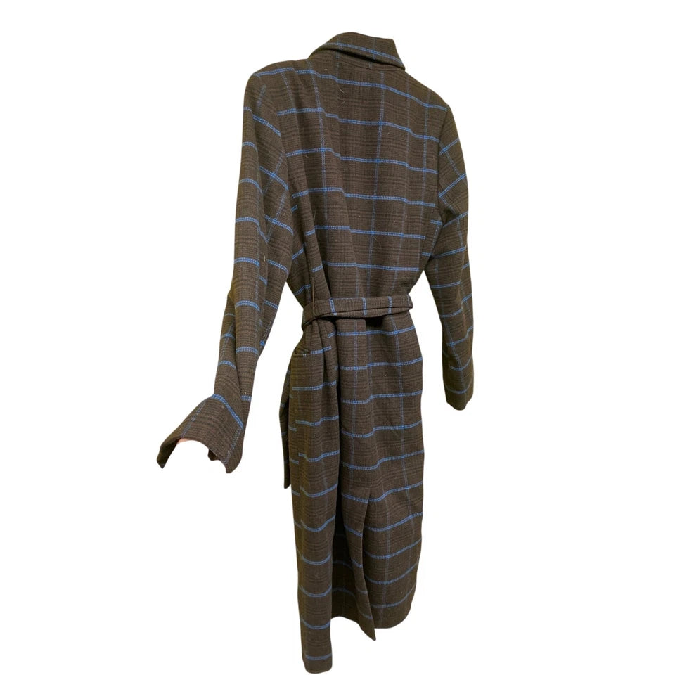 A New Day Women Wool Long Belted Plaid Academic Brown Blue Duster Coat Medium
