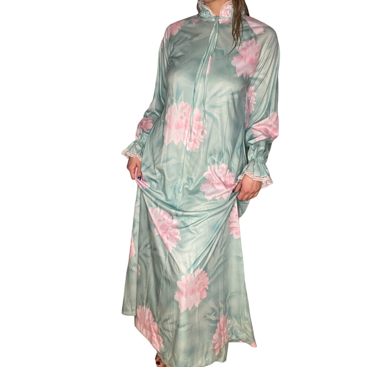 VINTAGE Mint Floral 2 Piece Nightgown Housecoat 70s Medium