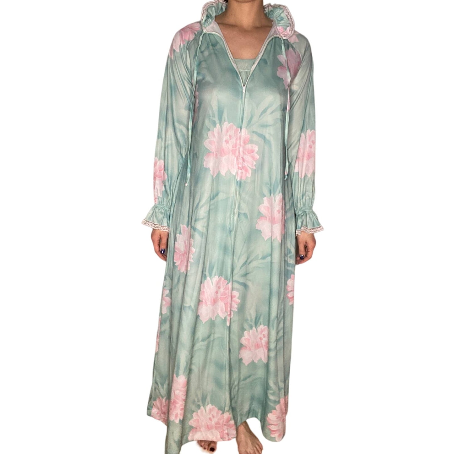 VINTAGE Mint Floral 2 Piece Nightgown Housecoat 70s Medium