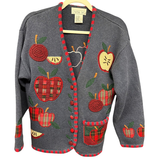 Mandal Bay Small Petite Vintage Cardigan Sweater Apple Embroidery Teacher Fall