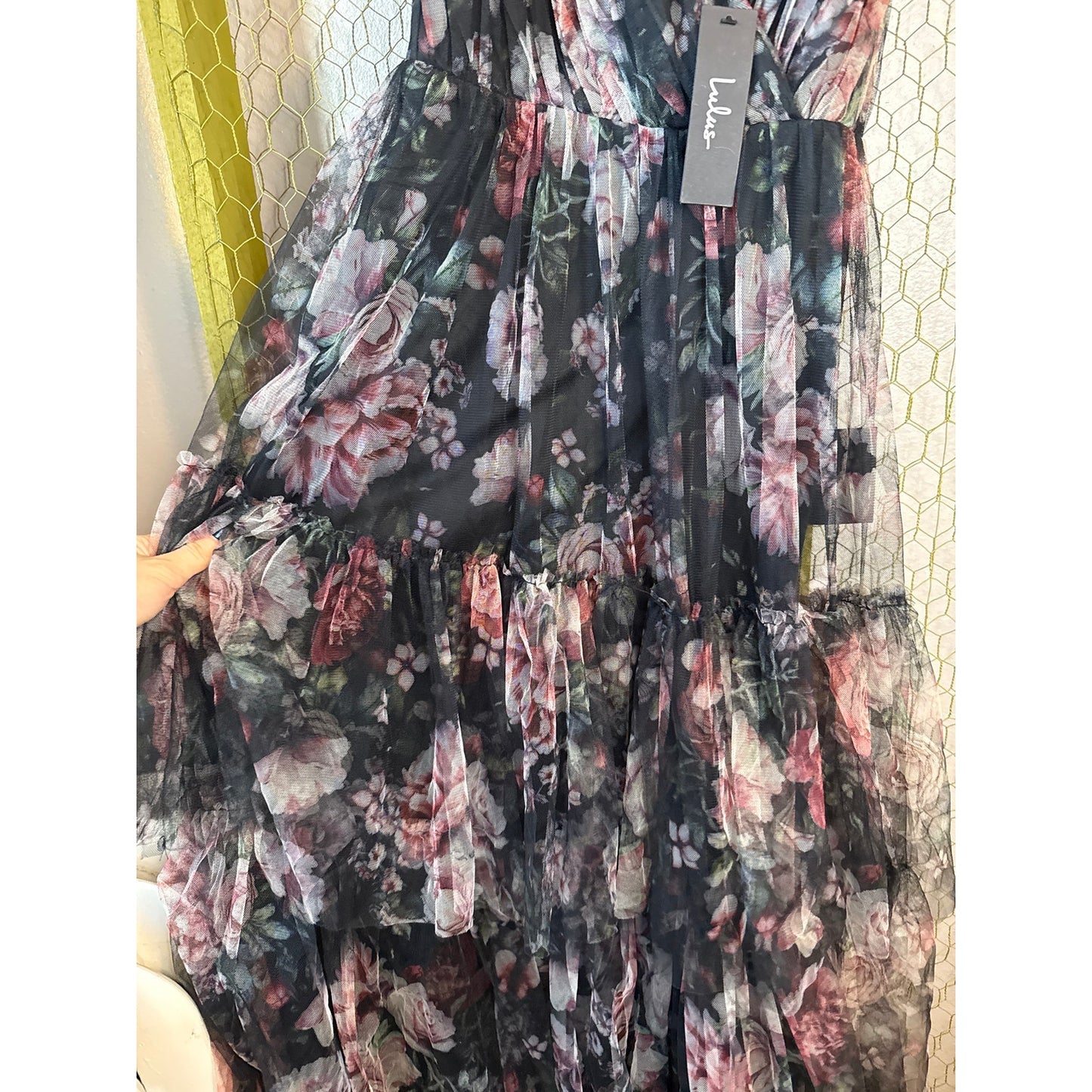Lulus Wonderfully Perfect Black Floral Mesh Tiered Maxi Dress, Adjustable Straps, Goth, Whimsy