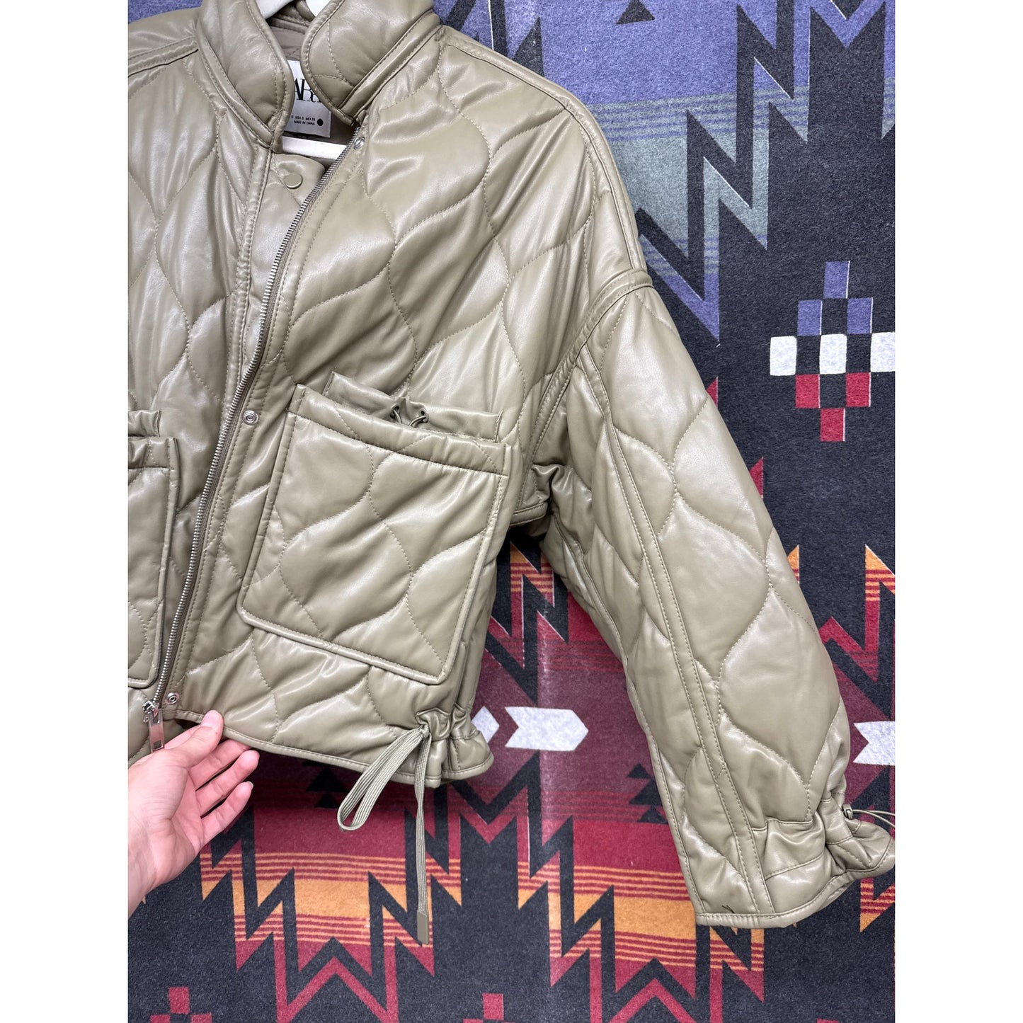 Zara Oversized Green Army Faux Leather Quilted Bomber Jacket Small