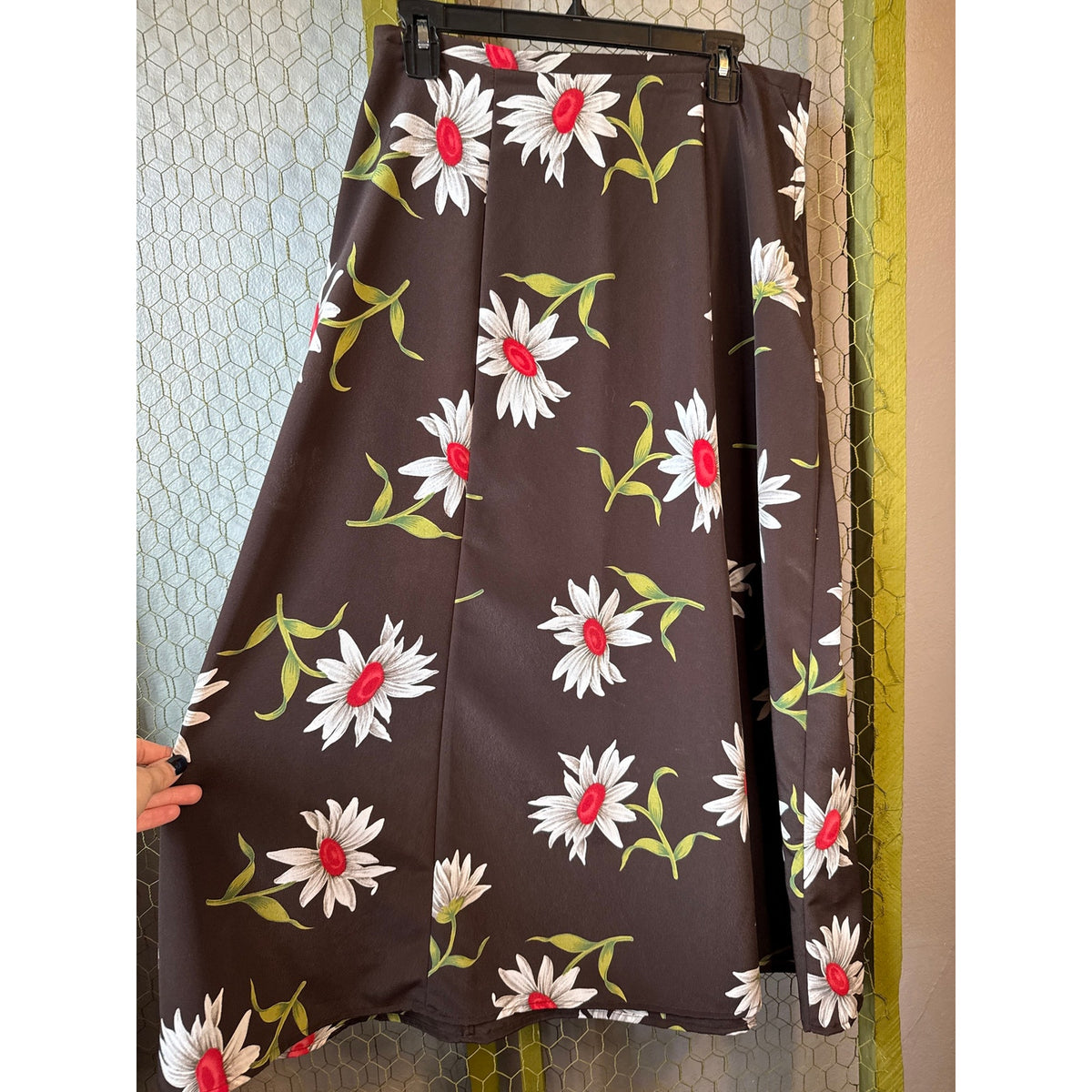Y2K Vintage Kathy Ireland Brown Skirt Large Daisy 90s Friends Phoebe Boho Hippie