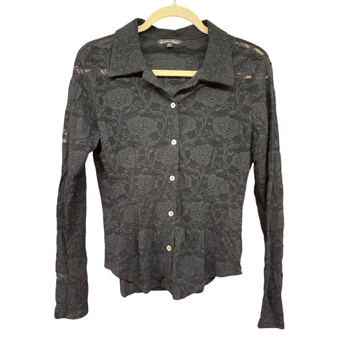 Jessica Max USA Black Medium Sheer Button Up Vintage Sexy Y2K Rave Whimsygoth