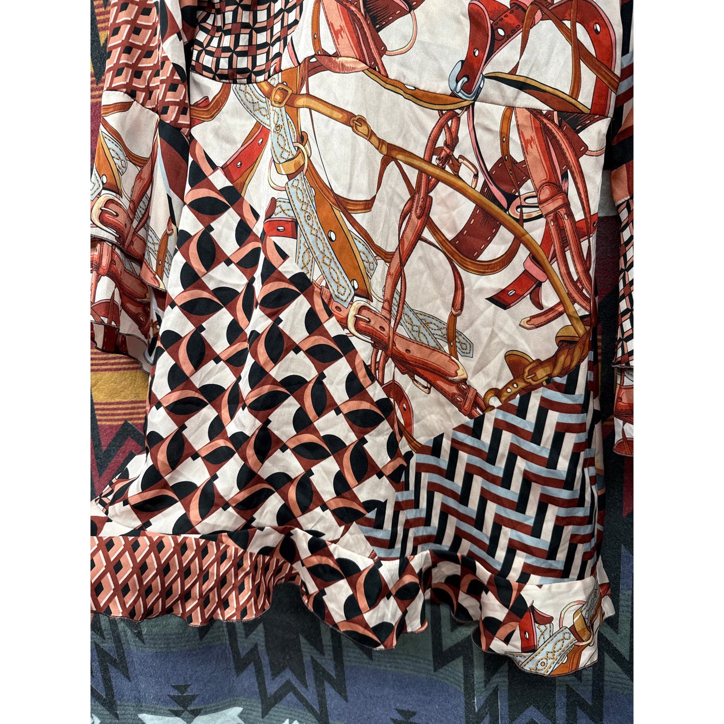 ZARA Women Patchwork Equestrian Belt Scarf Print Dress Ruffle Festival Medium