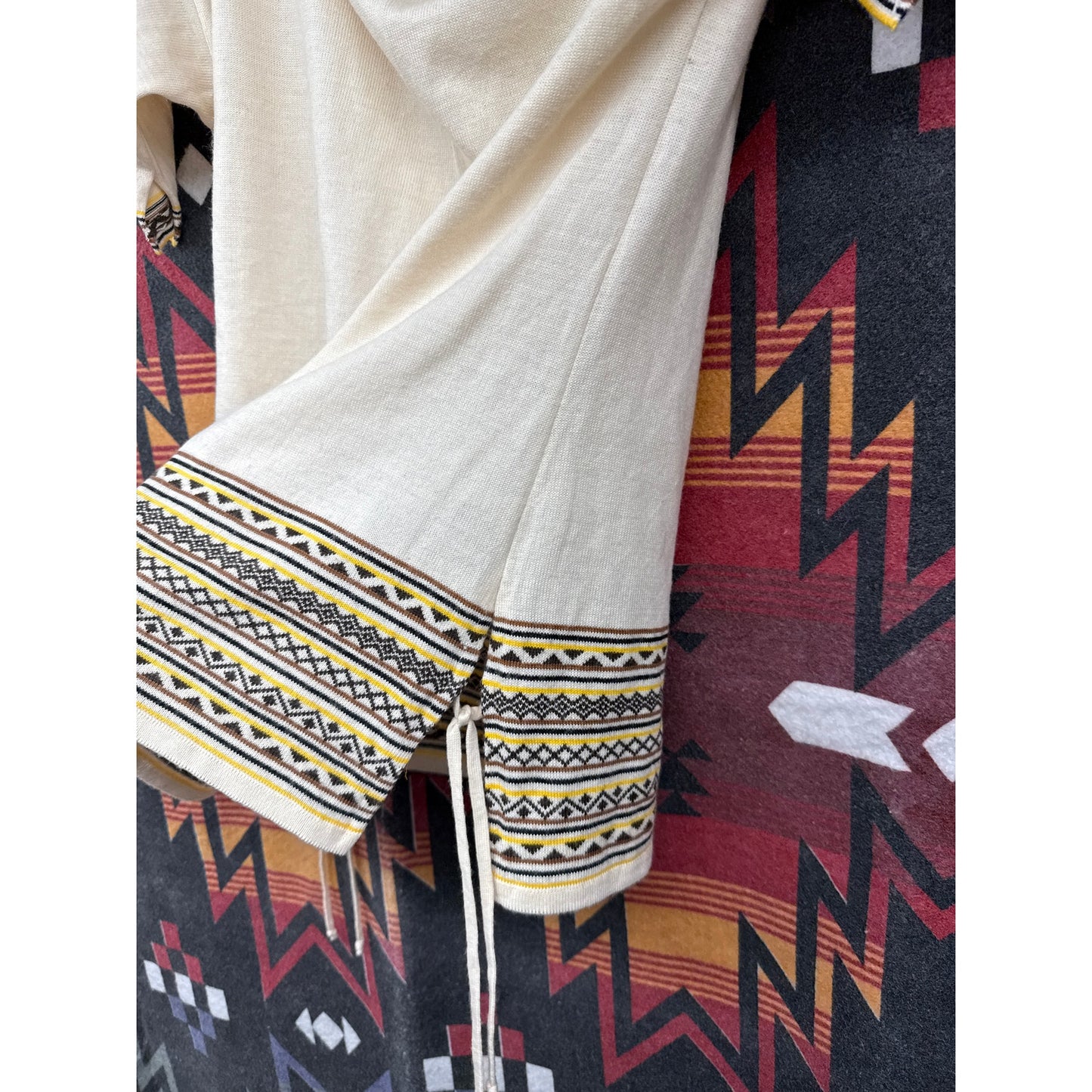 Vintage 70s German Lucia Women Wool Blouse Cream Yellow Tribal Retro Daisy Jones