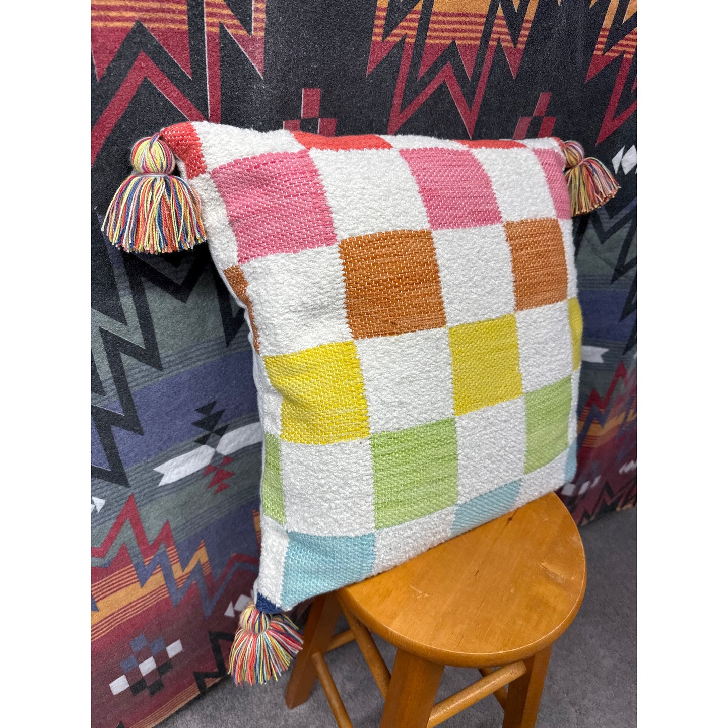 Rainbow Plush Soft Checkerboard Large Accent Pillow Tassel 19” square Home Decor