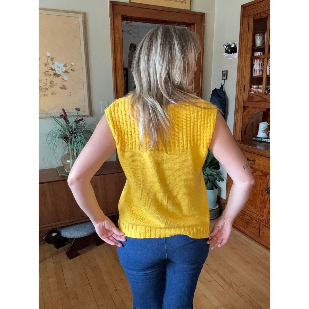 TailorSport Vintage Women’s Knit Sleeveless Sweater Large yellow 80s Cotton