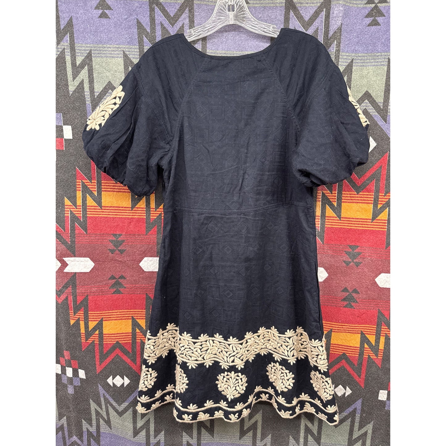 Anthropologie Navy Linen Cap Sleeve Dress 10 Embroidered Pleated Boho Wedding