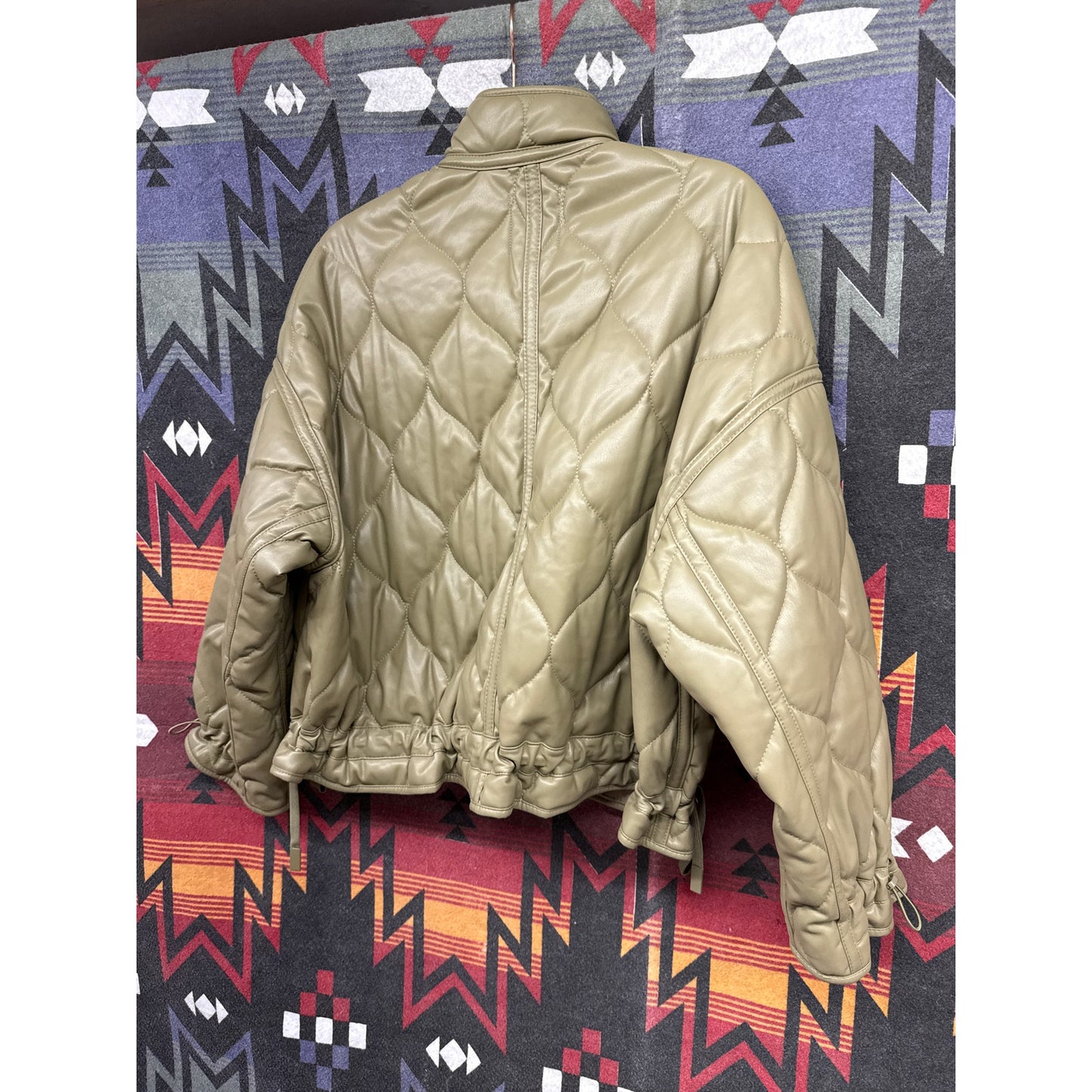 Zara Oversized Green Army Faux Leather Quilted Bomber Jacket Small