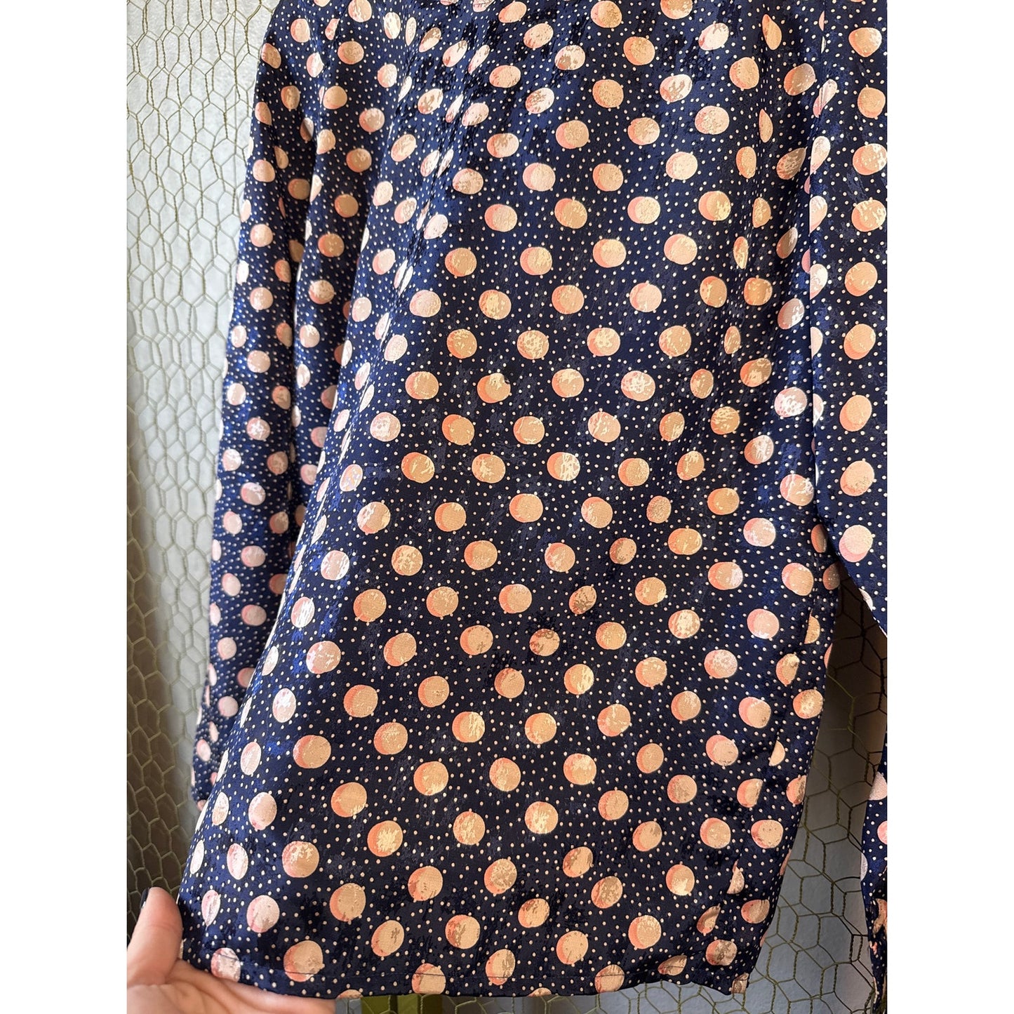 Michelle Stewart Size Small Pattern Long Sleeve Blouse Spring Navy