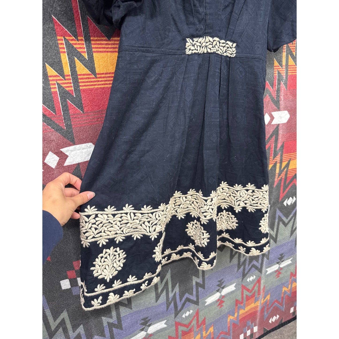 Anthropologie Navy Linen Cap Sleeve Dress 10 Embroidered Pleated Boho Wedding