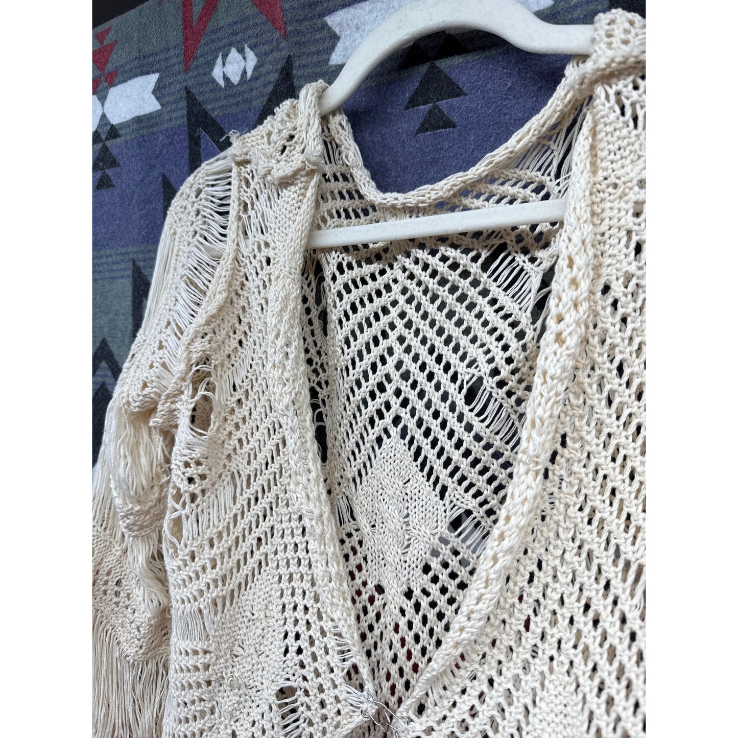Boho Cream Fringe Distressed Sheer Cardigan Small