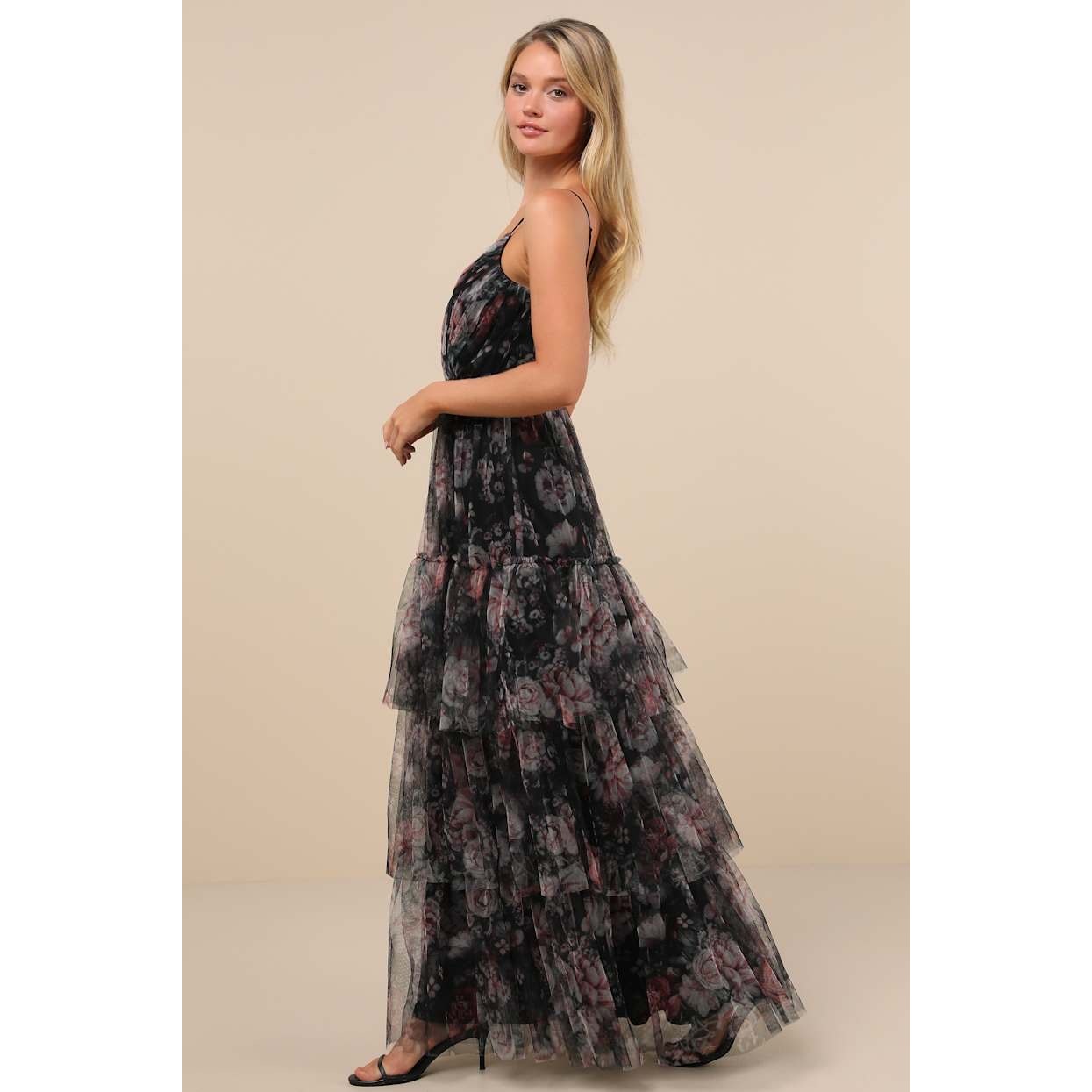 Lulus Wonderfully Perfect Black Floral Mesh Tiered Maxi Dress, Adjustable Straps, Goth, Whimsy