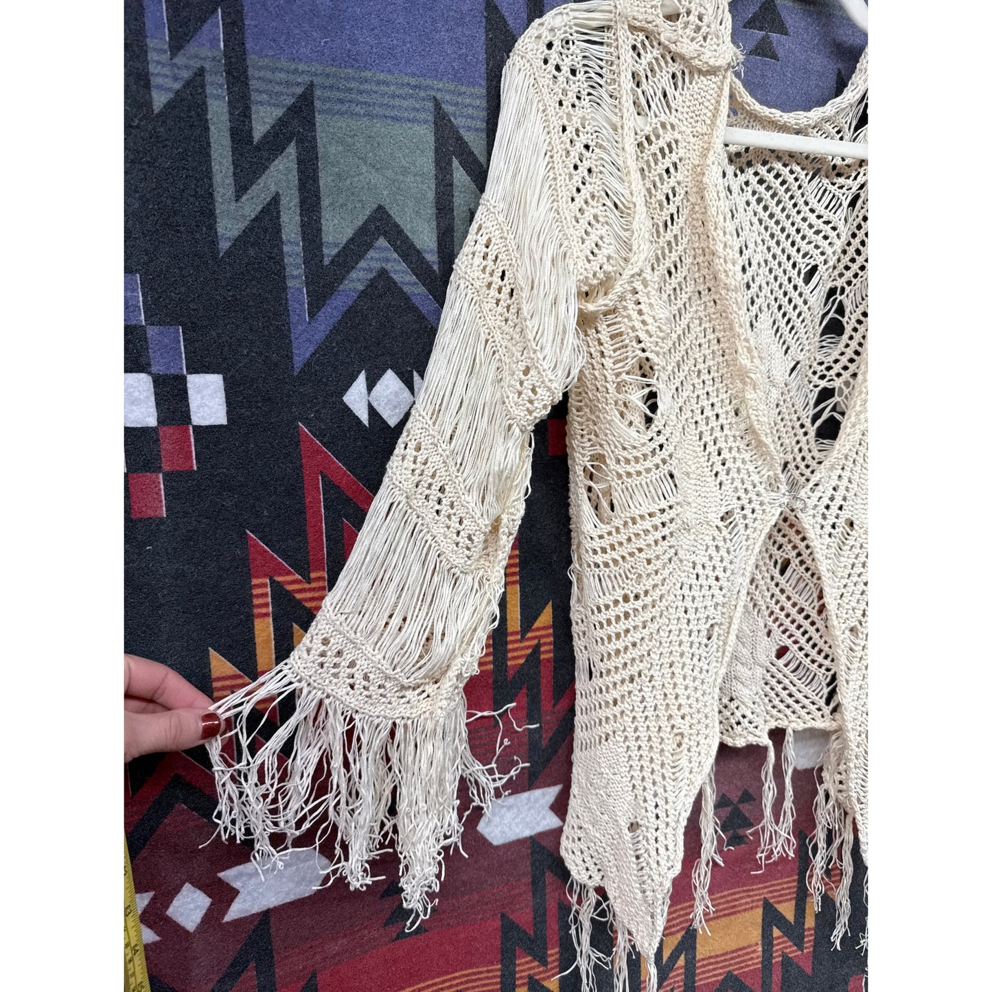 Boho Cream Fringe Distressed Sheer Cardigan Small