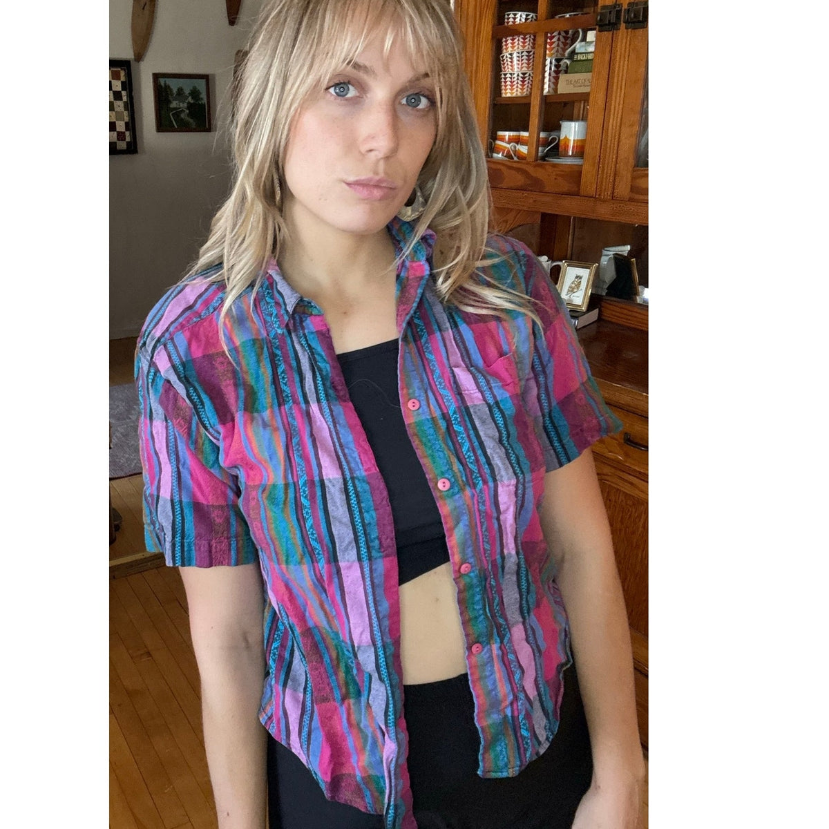 80s Vintage Jeans Wear Pink Plaid Button Down Shirt Medium Farmer
