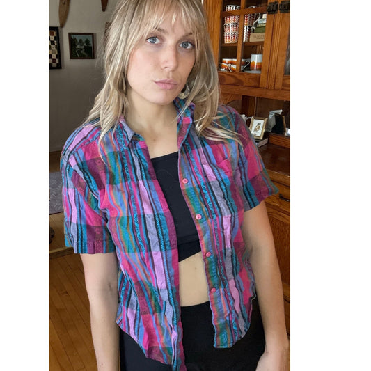 80s Vintage Jeans Wear Pink Plaid Button Down Shirt Medium Farmer