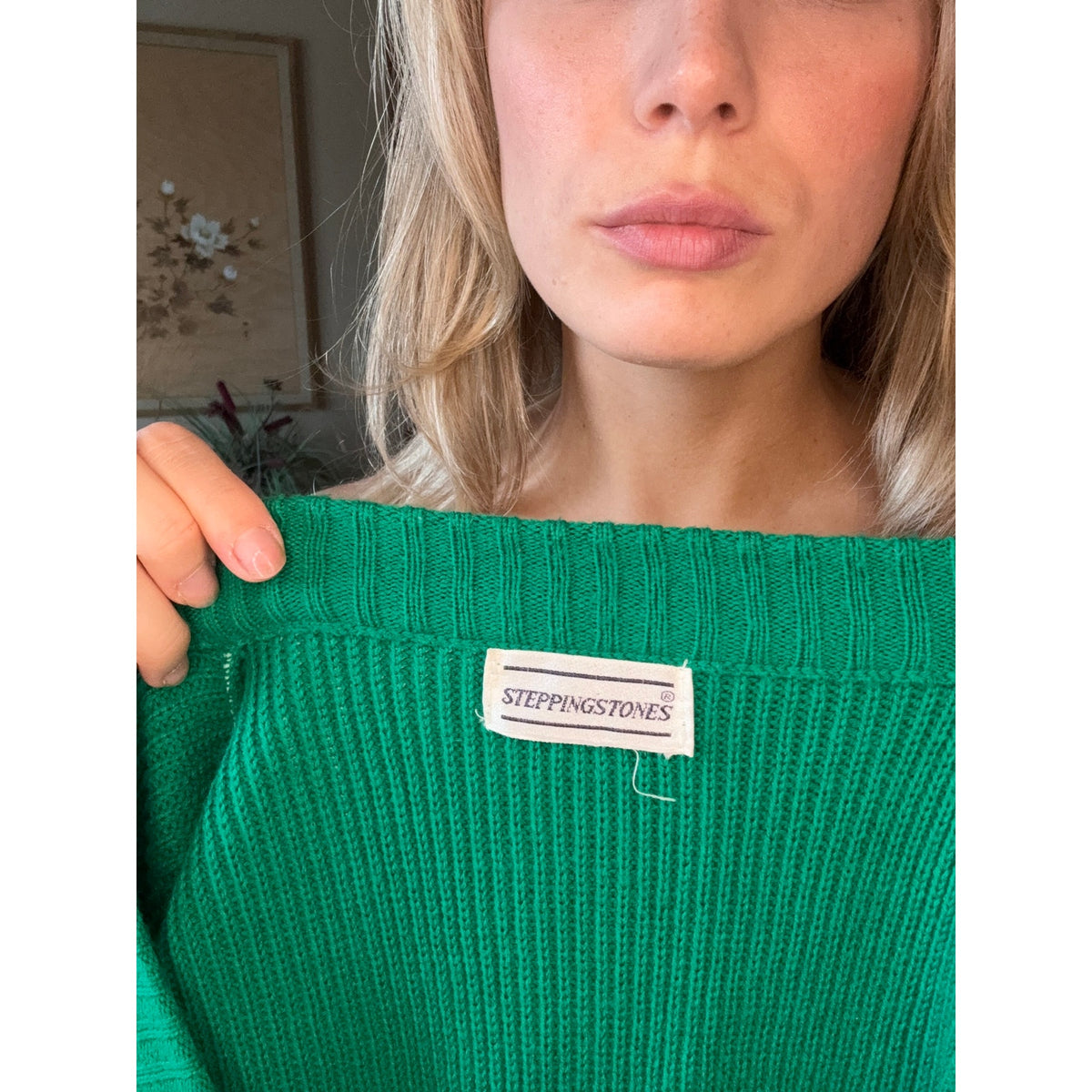 Vintage Unisex SteppingStones Knit Sweater XL 70s Wool Kelly Green Academia