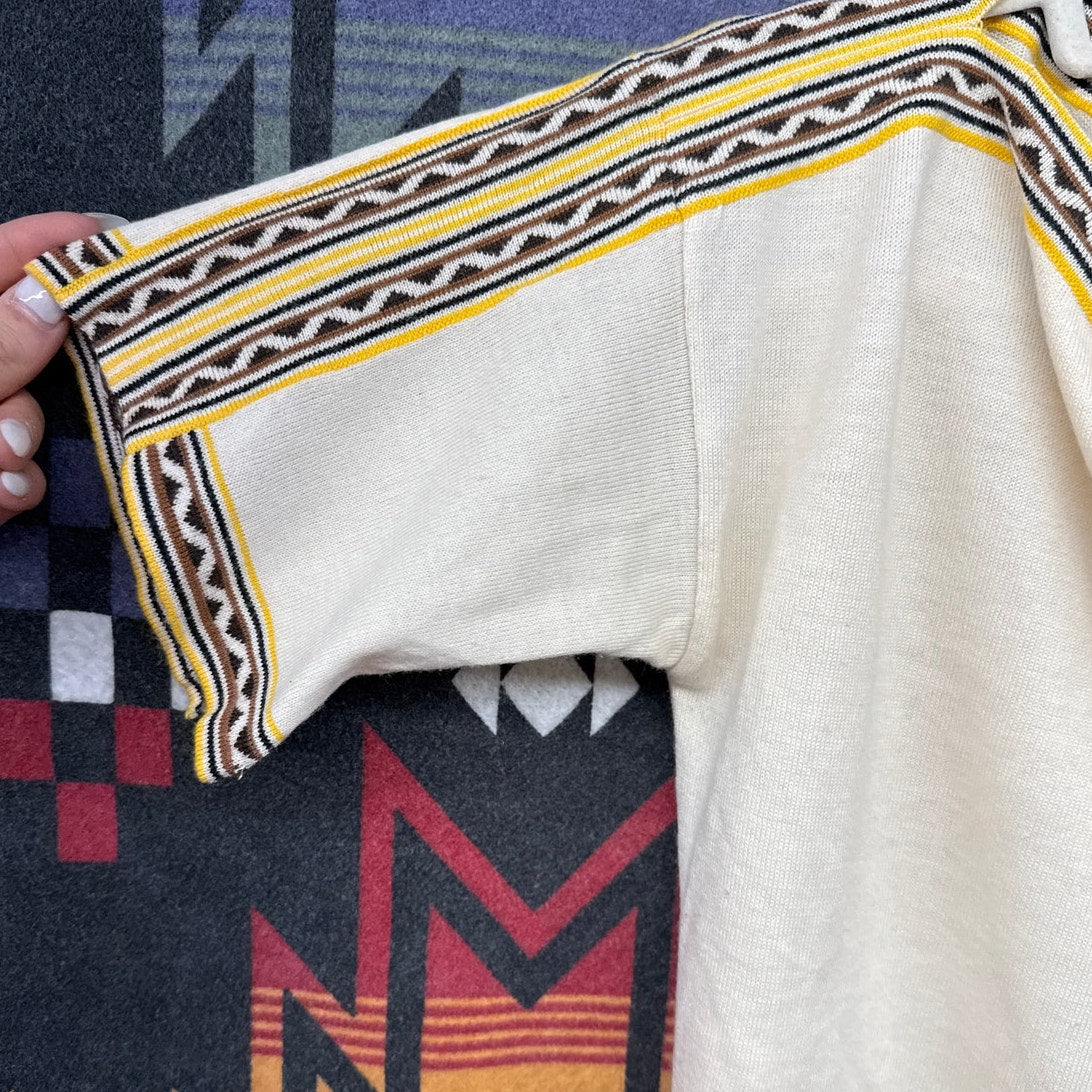 Vintage 70s German Lucia Women Wool Blouse Cream Yellow Tribal Retro Daisy Jones