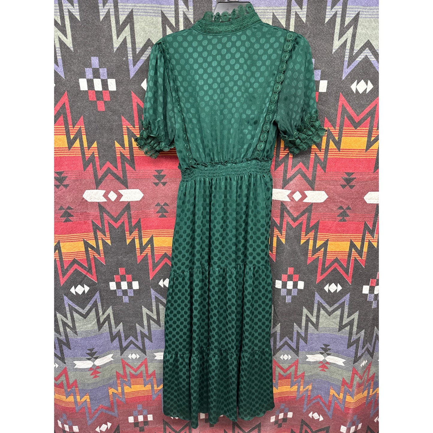 Max Studio Lace Maxi Dress Small Emerald Kelly Green Polka Dot Ruffle Coquette