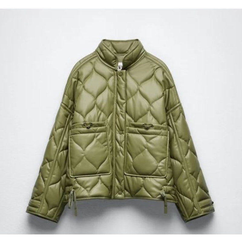 Zara Oversized Green Army Faux Leather Quilted Bomber Jacket Small