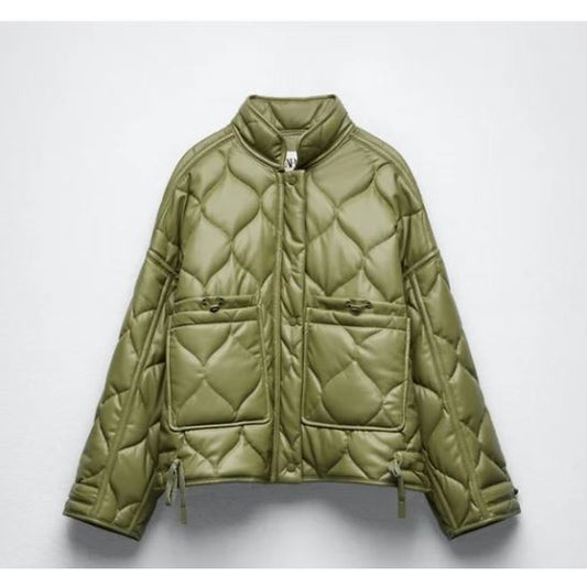 Zara Oversized Green Army Faux Leather Quilted Bomber Jacket Small