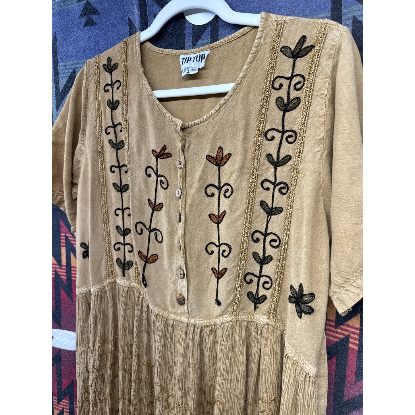 Vintage 90s Tip Top Women Medium Dress Mustard Yellow Floral Embroidered Cottage