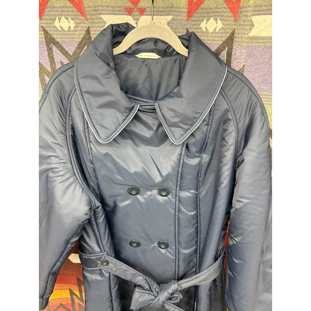 70s Vintage Aurora International Navy Quilted Large Coat Cottage England Belted