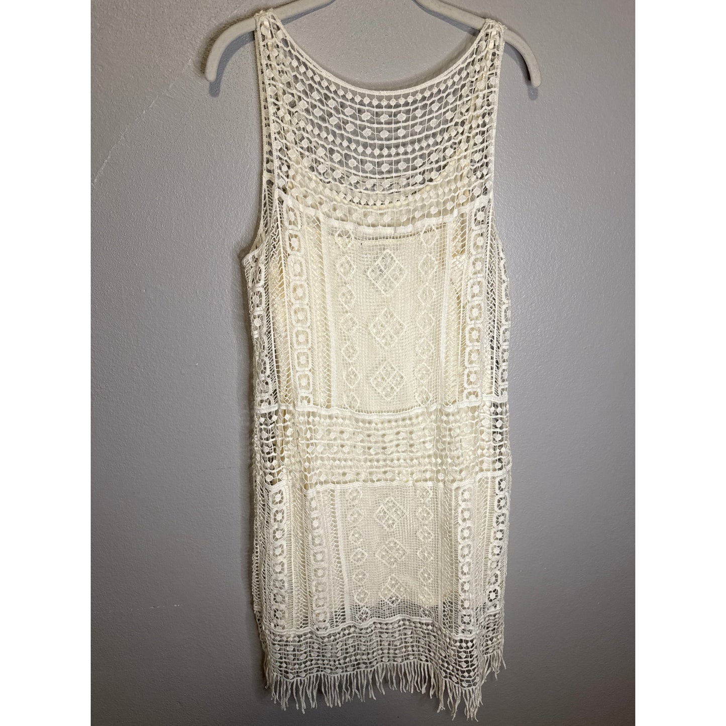 Lauren Ralph Lauren Dress Large Cream Sexy Crotchet Beach Wedding Western Fringe