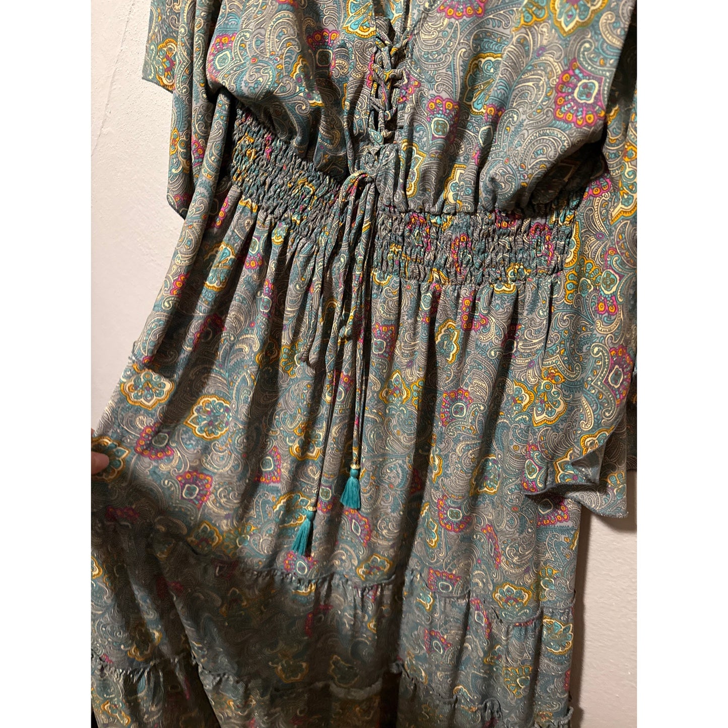 Boemo Anthropologie Medium Turquoise Bohemian Peasant Maxi Dress Fairy