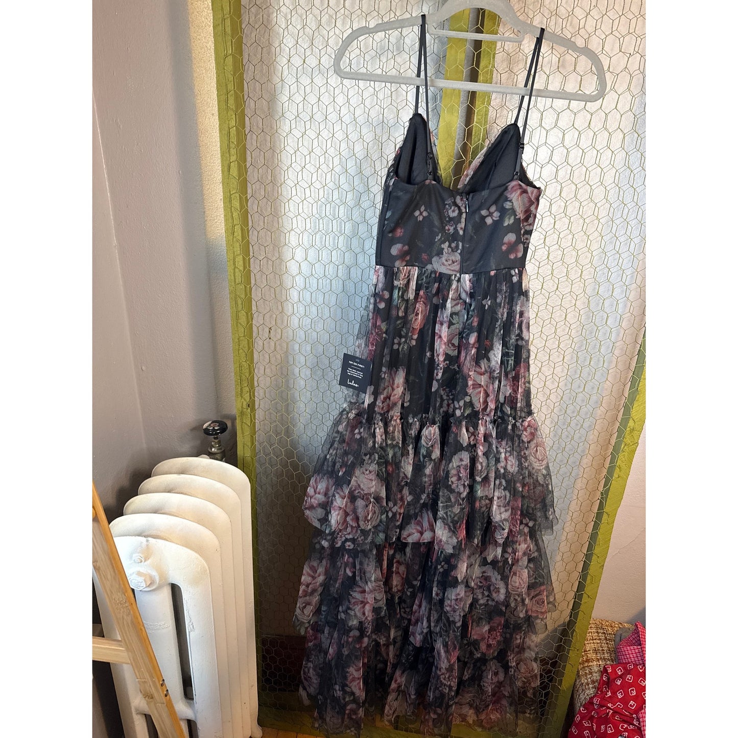 Lulus Wonderfully Perfect Black Floral Mesh Tiered Maxi Dress, Adjustable Straps, Goth, Whimsy