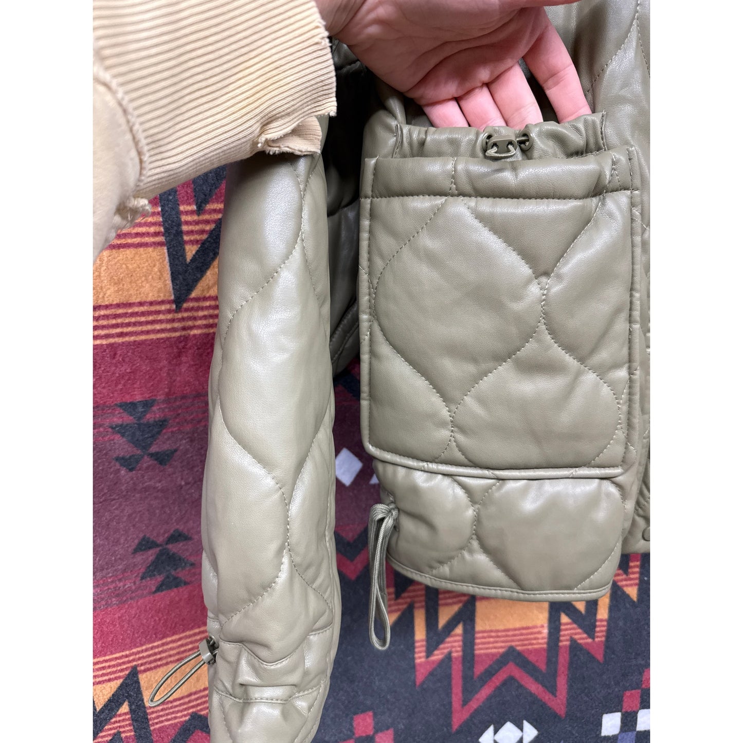 Zara Oversized Green Army Faux Leather Quilted Bomber Jacket Small