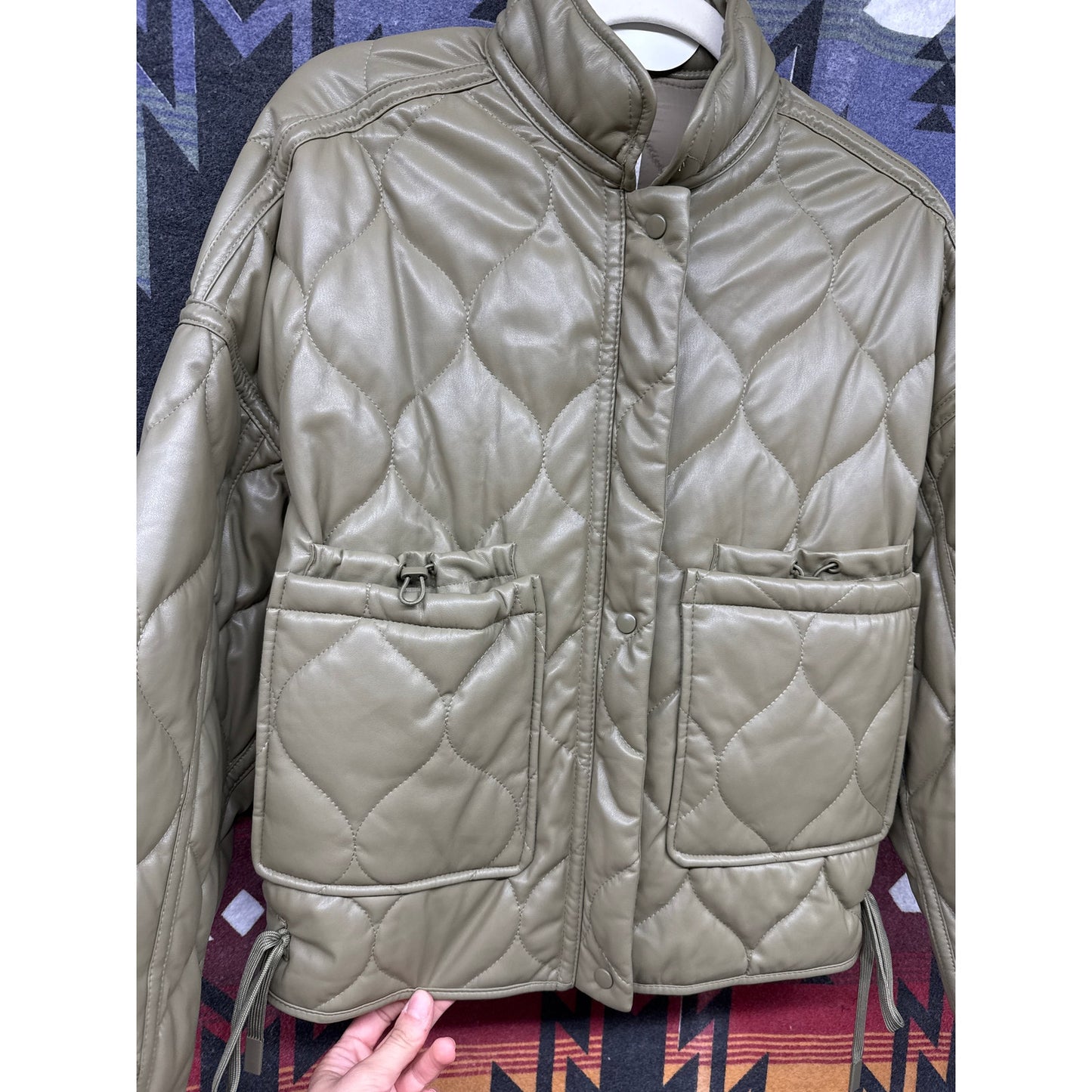 Zara Oversized Green Army Faux Leather Quilted Bomber Jacket Small