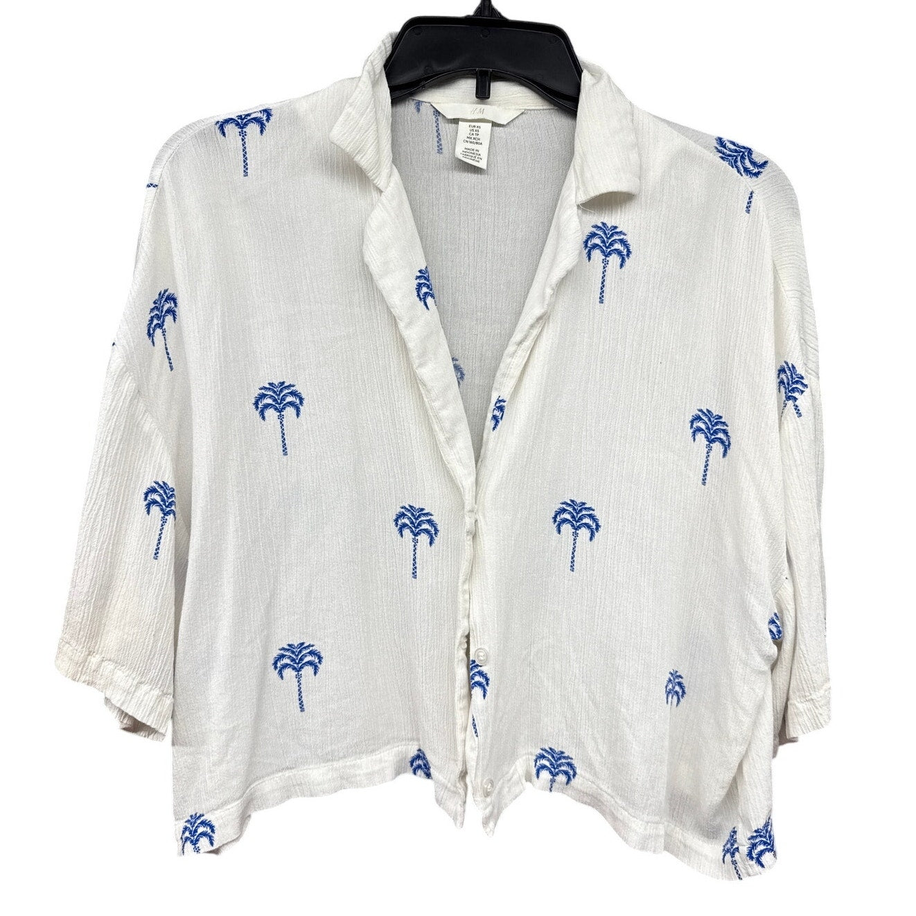 H&M Women's Cropped White Summer Palm Beach Carolina XS Button Up Blouse Top