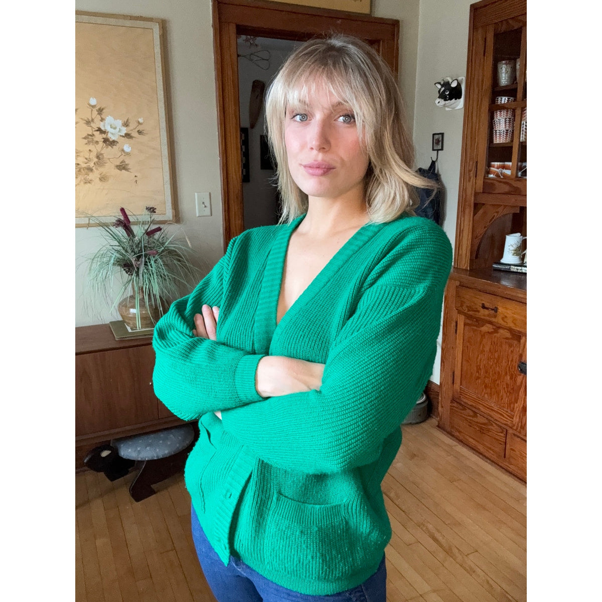 Vintage Unisex SteppingStones Knit Sweater XL 70s Wool Kelly Green Academia