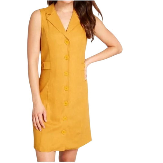 Modcloth Women's Mini Button Front Linen Dress 8 Yellow Retro