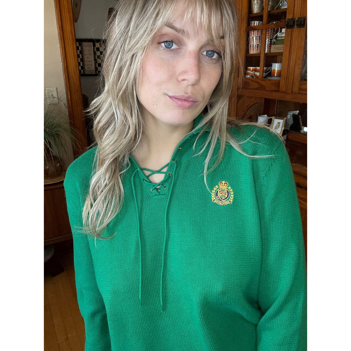 Vtg Lauren Ralph Lauren Sweater Large Kelly Green Monogram Academic Golf Preppy