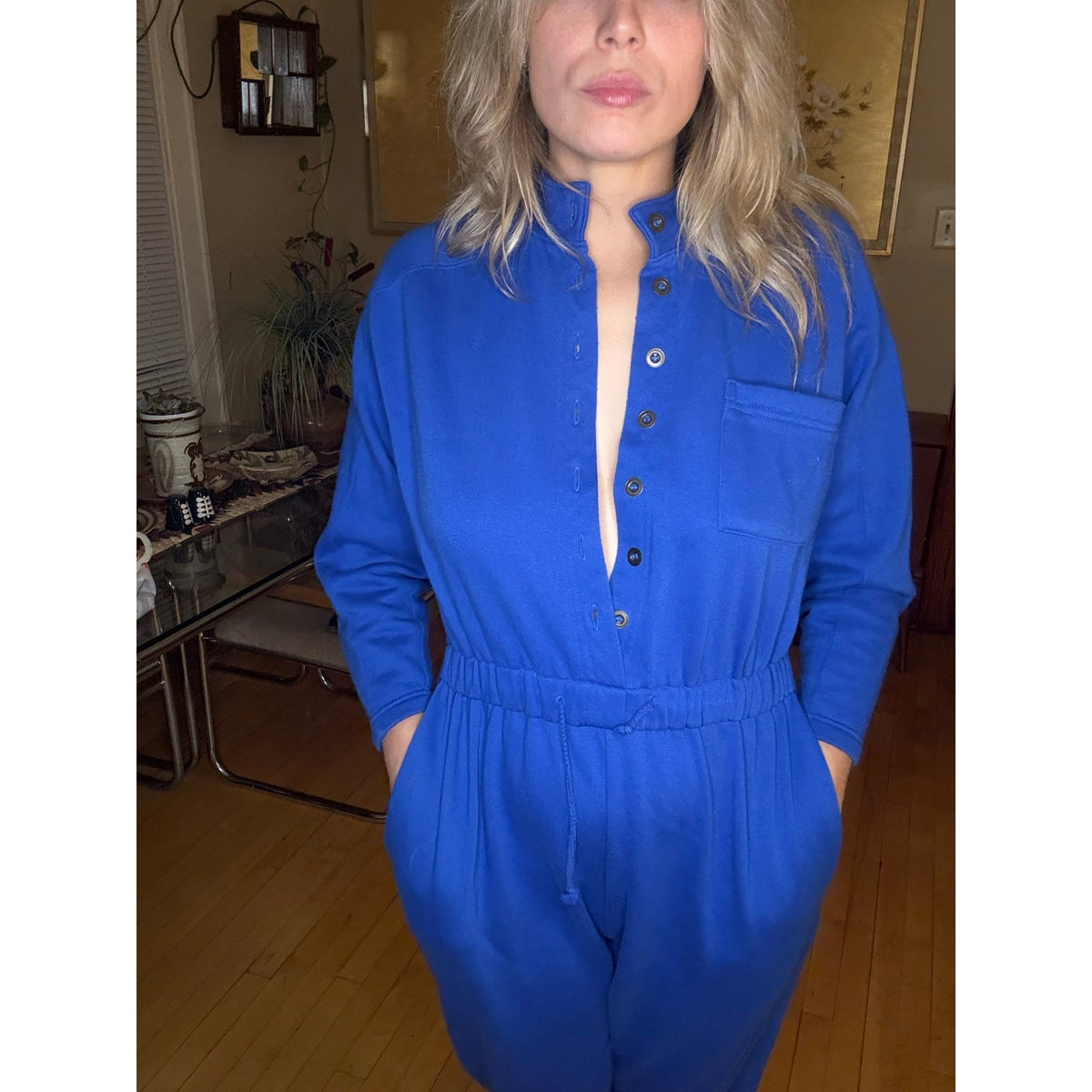 80s Vintage Elle Macpherson Blue Jumpsuit Medium Cozy Winter Pajamas Layer