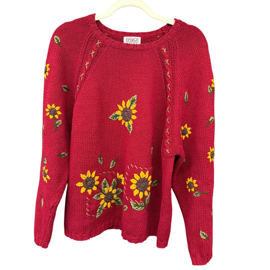 PBJ Vintage Red Sunflower Crotchet Knit Sweater Large Cottage  Meadow Fairy