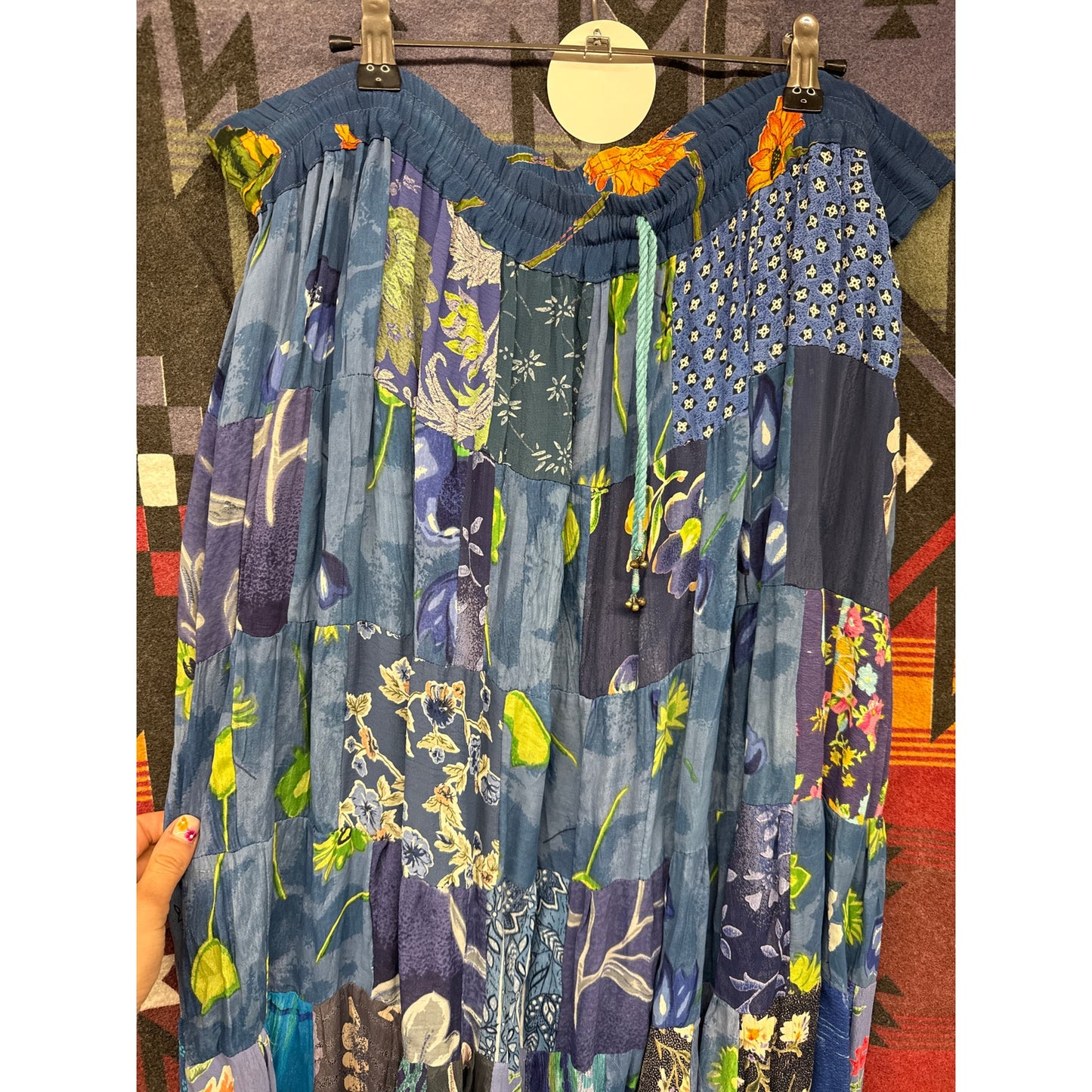 90s Blue Patchwork Floral Garden Tiered Pleated Maxi Skirt One Size Hippie Fairy